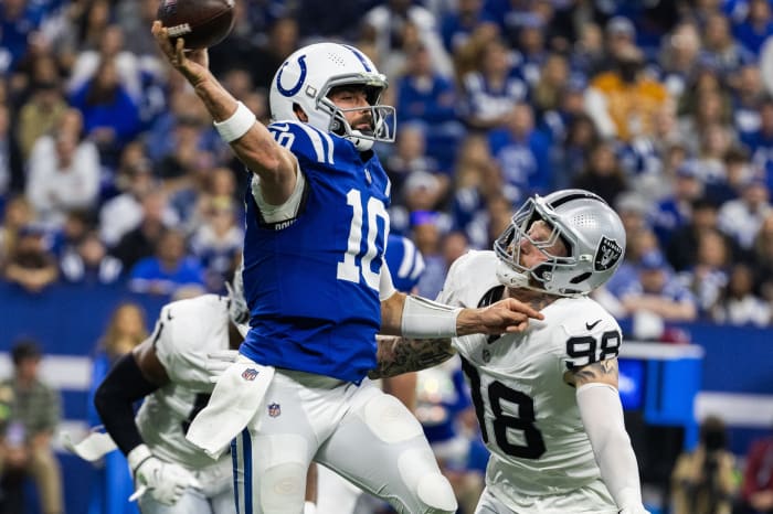 New Las Vegas Raiders quarterback Gardner Minshew (10) was able to study his new team when he played the Silver and Black in Week 17 last season.